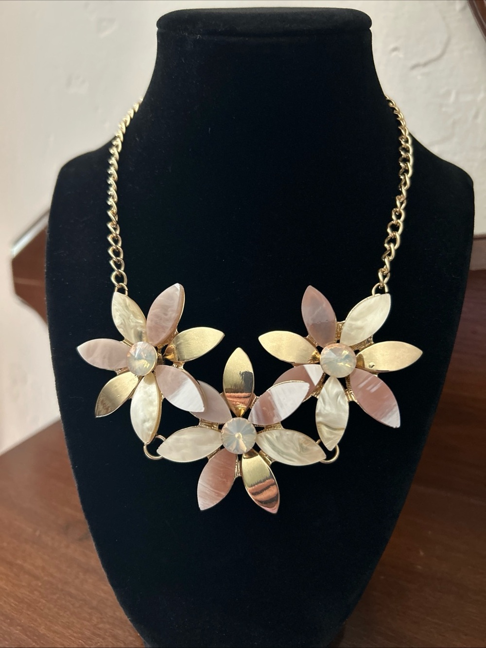 Charming Charlie Gold Tone Floral Statement Necklace with Cream and Rose Petals